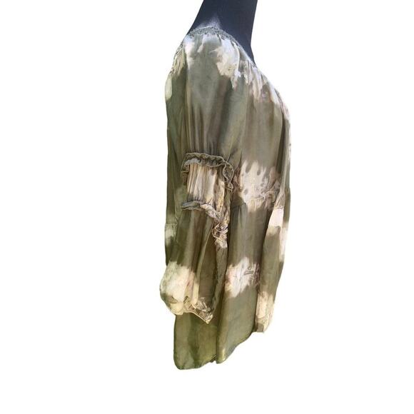Tempo Paris Silk Olive Green Gathered Tie Dye Ruffle Boho Top S/M - Picture 4 of 8